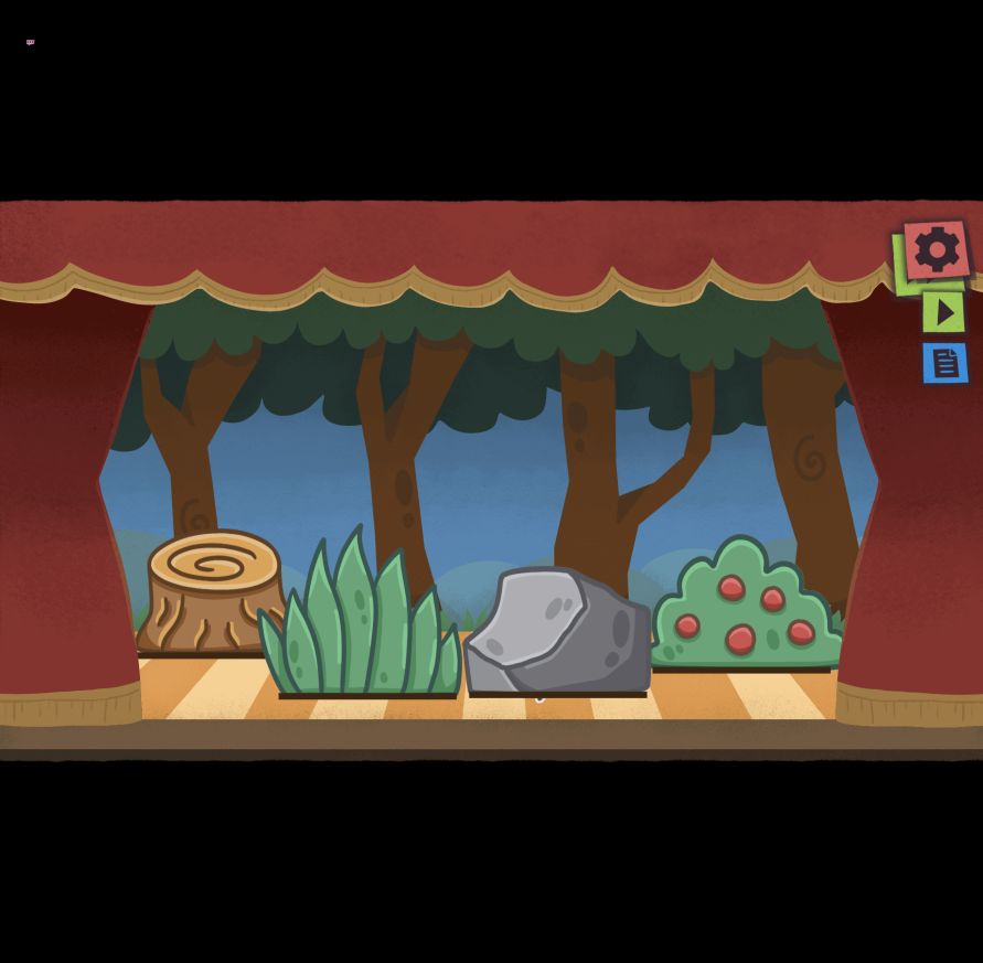 Puppet forest with stump, tall grass, central rock and berry bush
