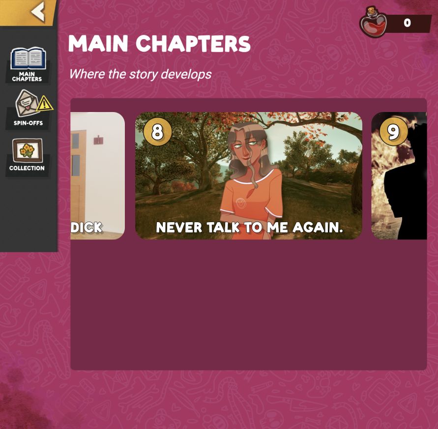 Completed Chapter 8 card showing Never Talk to Me Again.