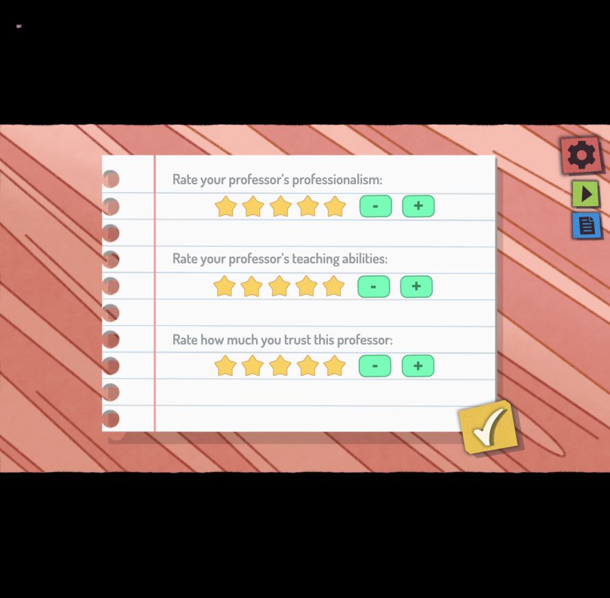 All three teacher survey rows at five stars, with plus buttons and the yellow submit check