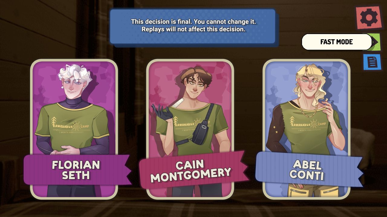 Second final-decision menu in the cabin with Florian, Cain and Abel portraits